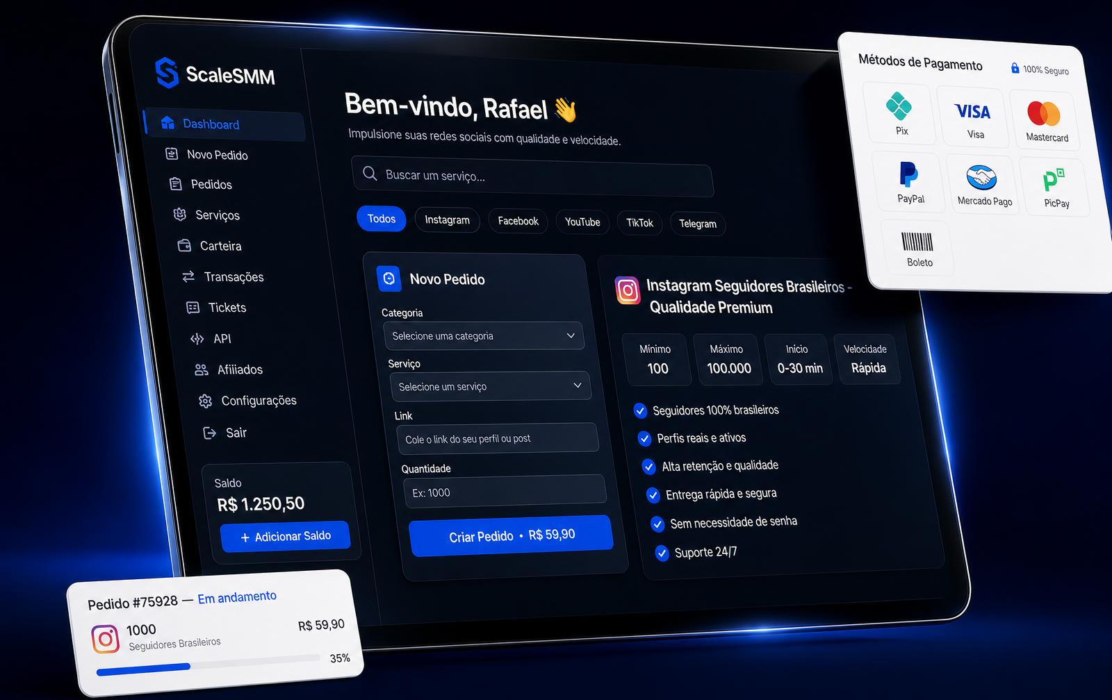 Painel de cliente da Scale SMM com o novo formulário de pedido