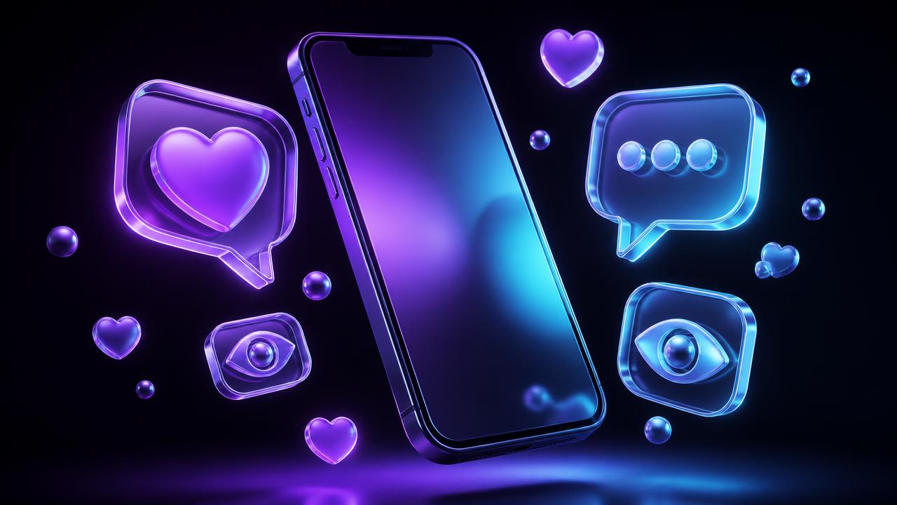 Ícones 3D de curtida, comentário e visualização flutuando ao redor de um celular em fundo escuro