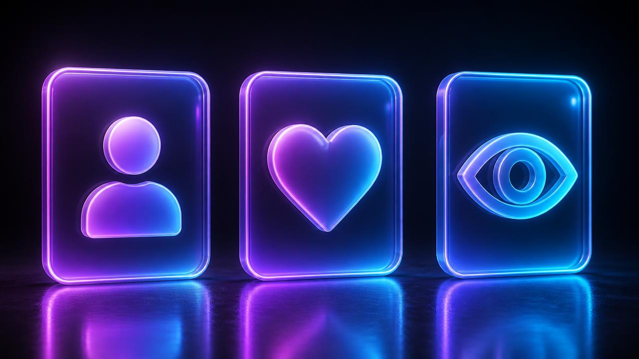 Três painéis de vidro iluminados com ícones de seguidor, curtida e visualização lado a lado