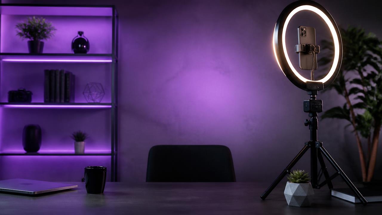 Estúdio de criador de conteúdo com ring light e celular em tripé sob iluminação roxa