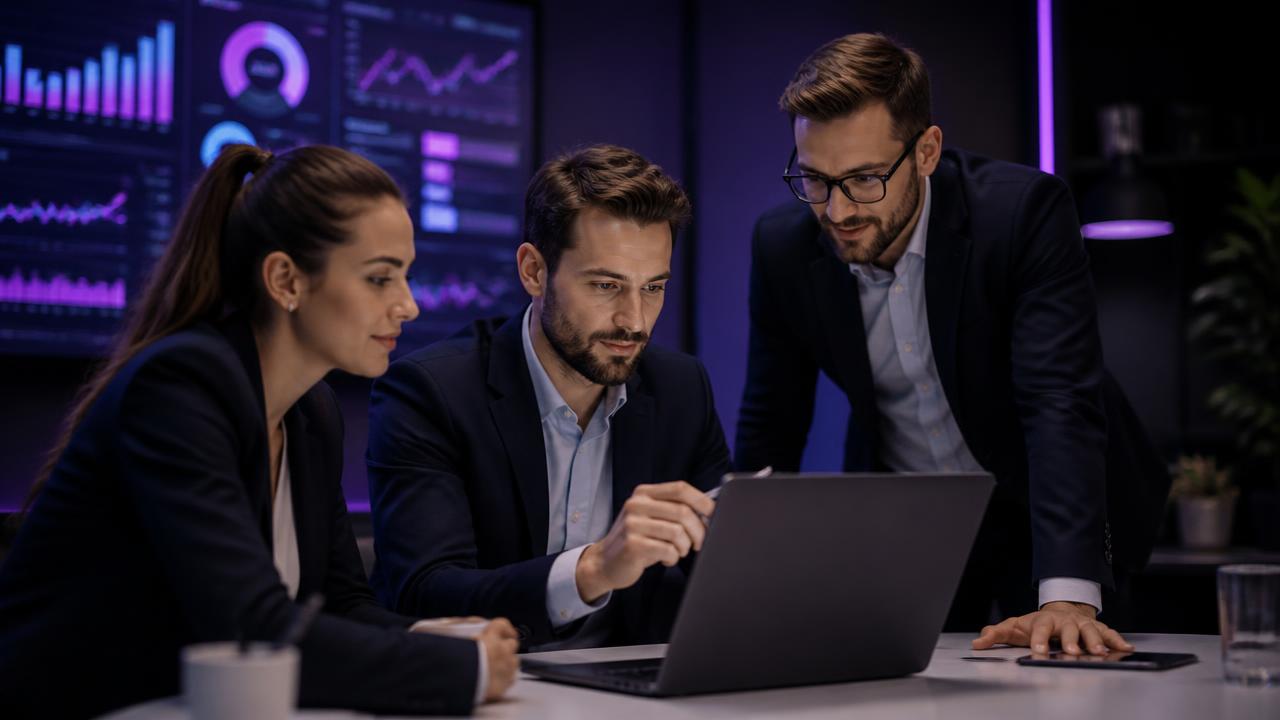 Equipe de marketing analisando gráficos de desempenho de redes sociais em um notebook