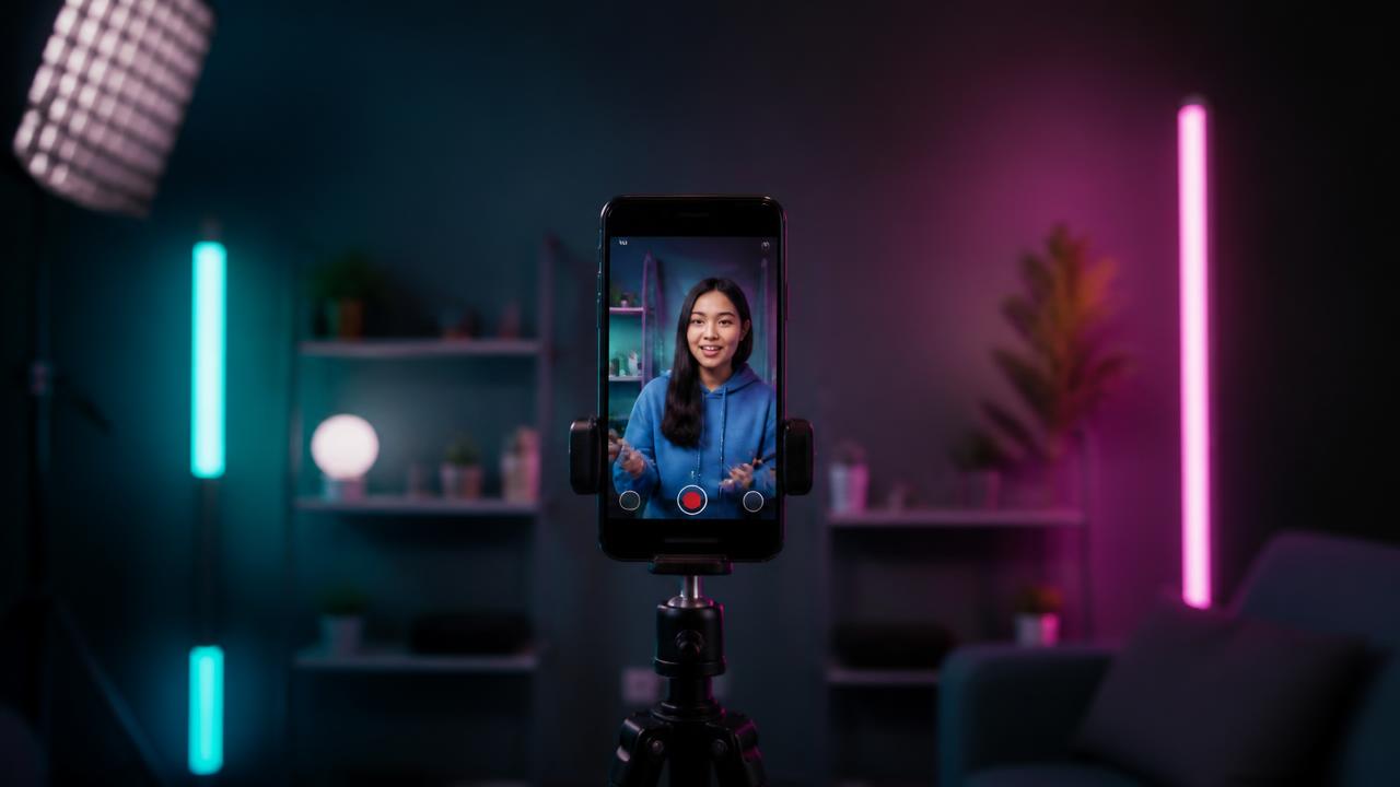 Celular em tripé gravando um vídeo vertical em estúdio com iluminação em ciano e magenta